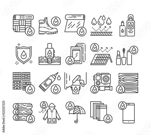 Waterproof tools black line icons set. Water repellent coating constructions materials, devices, clothes, cosmetics, concept. Pictograms for web page, mobile app, promo. UI UX GUI design element.