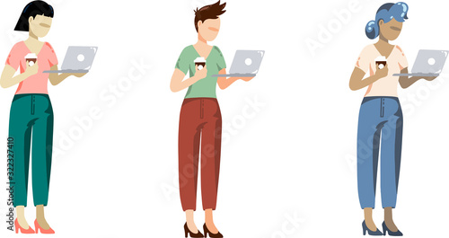 Womens in a suit with a laptop and a glass of coffee on an abstract background. Board for advertising and business records. Three business ladies. Vector illustration