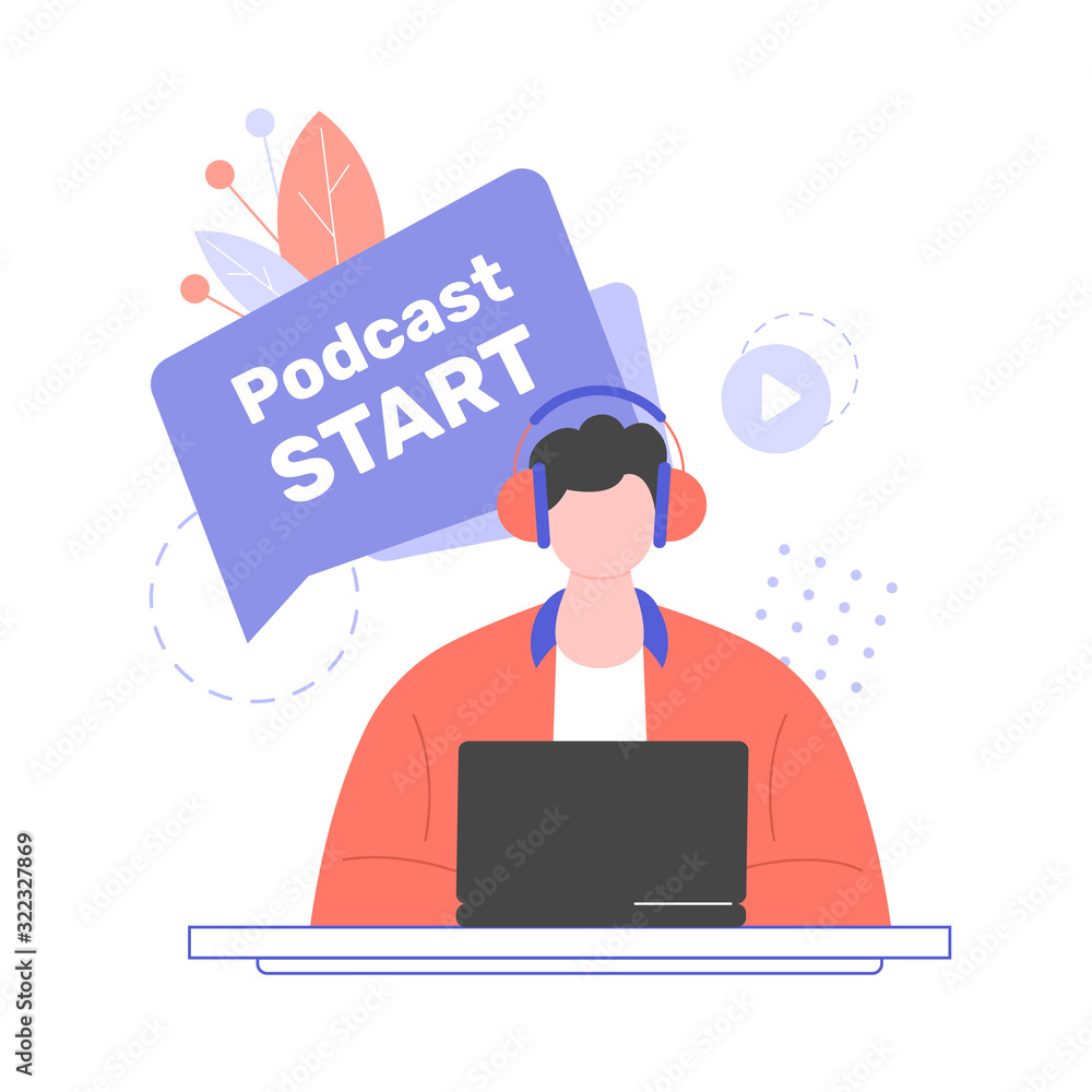 Male teacher or expert at a laptop. Record an online podcast or tutorial webinar. Vector flat illustration with a bright character. Male teacher or expert at a laptop. Record an online podcast or tutorial webinar. Vector flat illustration with a bright character.