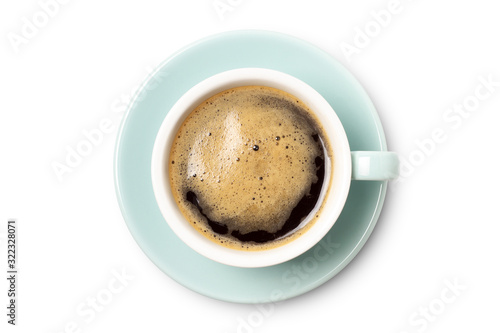blue coffee cup top view closeup isolated on white background.