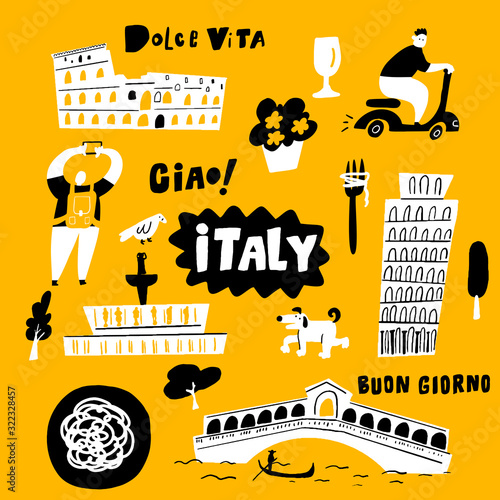 Vector doodle illustration of main italian attractions and cultural symbols.