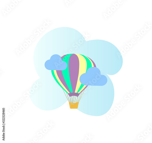 Beautiful flat balloon icon - adventure. Balloon and clouds on gradient background - beautiful children`s vector illustration