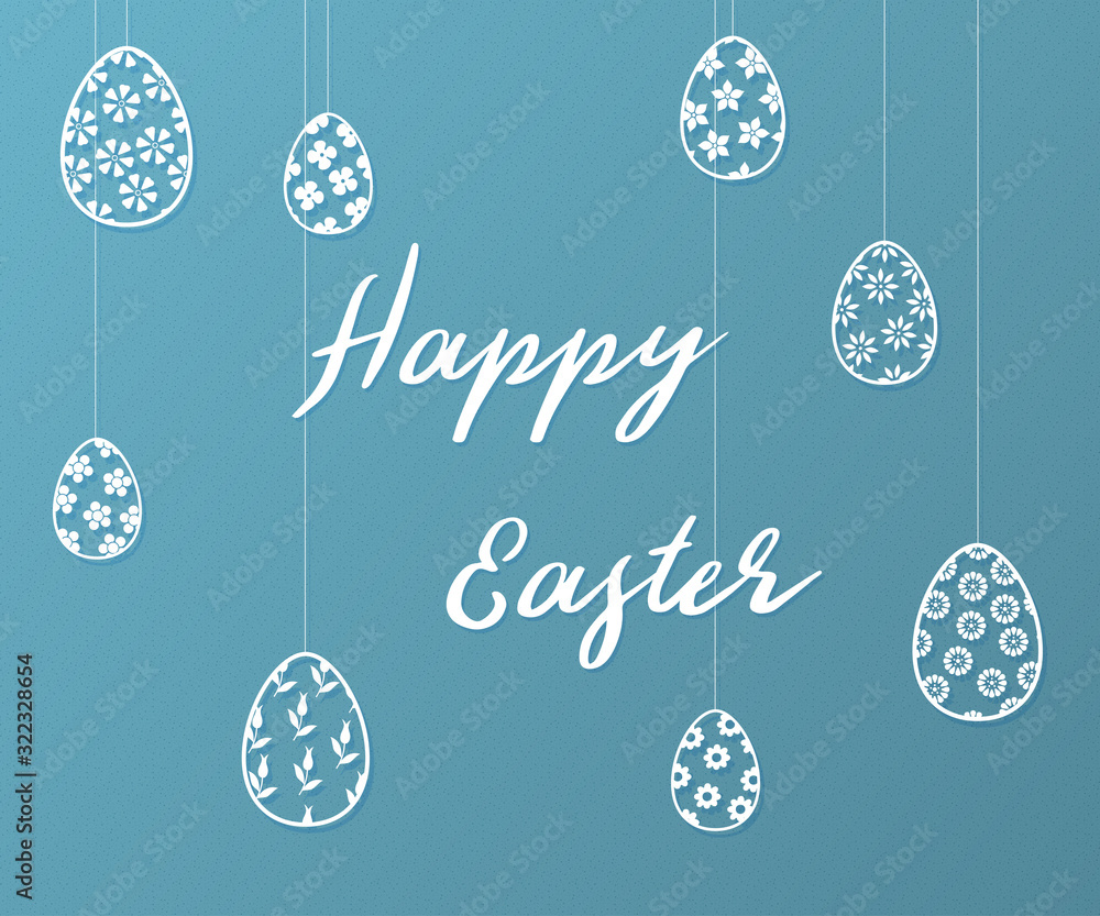 Easter background with eggs and Happy Easter lettering. Template for your festive design. Vector illustration.