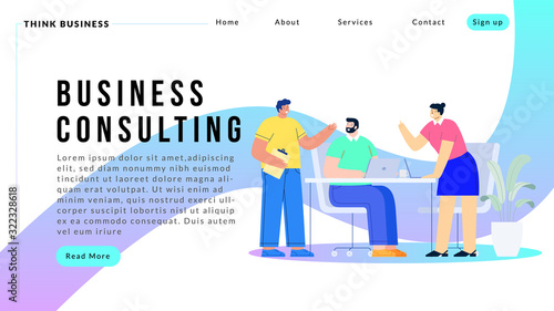 Business Landing page template with Office workers communicating or talking to client or conversations between teamwork or meeting, brainstorming. Vector cartoon concept illustration Professionals lau