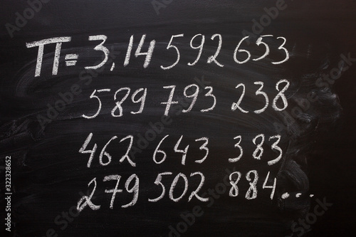 number pi handwritten with white chalk on a blackboard