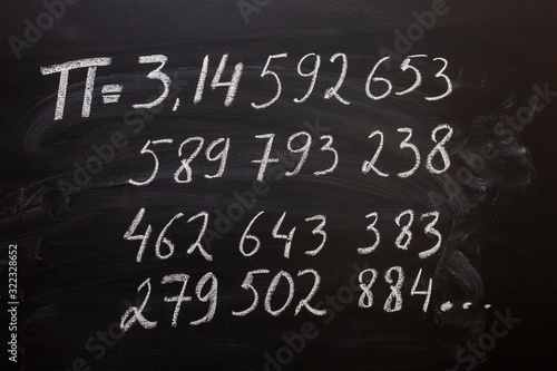 Valokuvatapetti number pi handwritten with white chalk on a blackboard