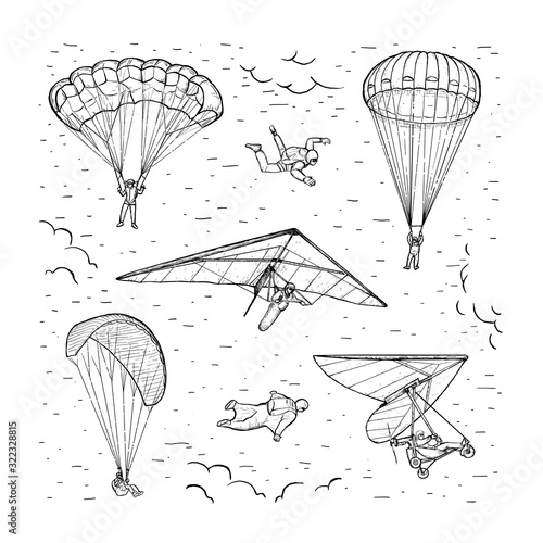 Extreme sports vector set. Sketch. People performing parachuting, hang glider, wingsuit flying and free fall. Parachuting sport. Black line isolated on white