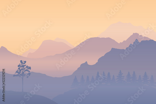 Fantasy on the theme of the taiga landscape, dawn in the mountains, vector illustration, EPS10