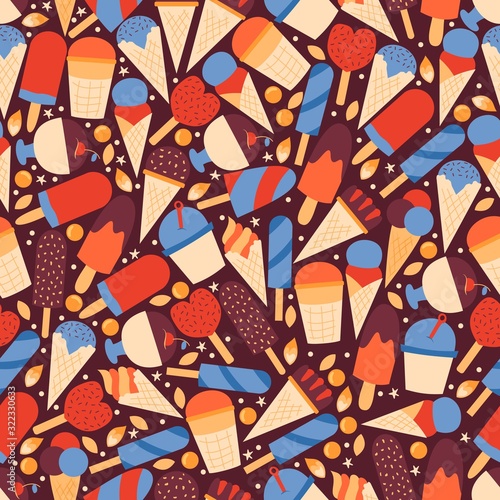 Ice cream seamless pattern, gelateria wrapping paper vector illustration. Flat style icons for creamery, variety of different kinds of gelato, ice cream cafe assortment. Gelateria background print