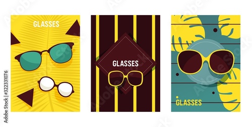 Glasses fashion store promotion banner vector illustration. Set of colorful banners in modern flat style, glasses and sunglasses shop catalog cover, advertisement campaign. Fashion brand creative card