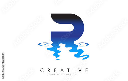 R Letter Logo Design with Water Effect and Deep Blue Gradient Vector Illustration