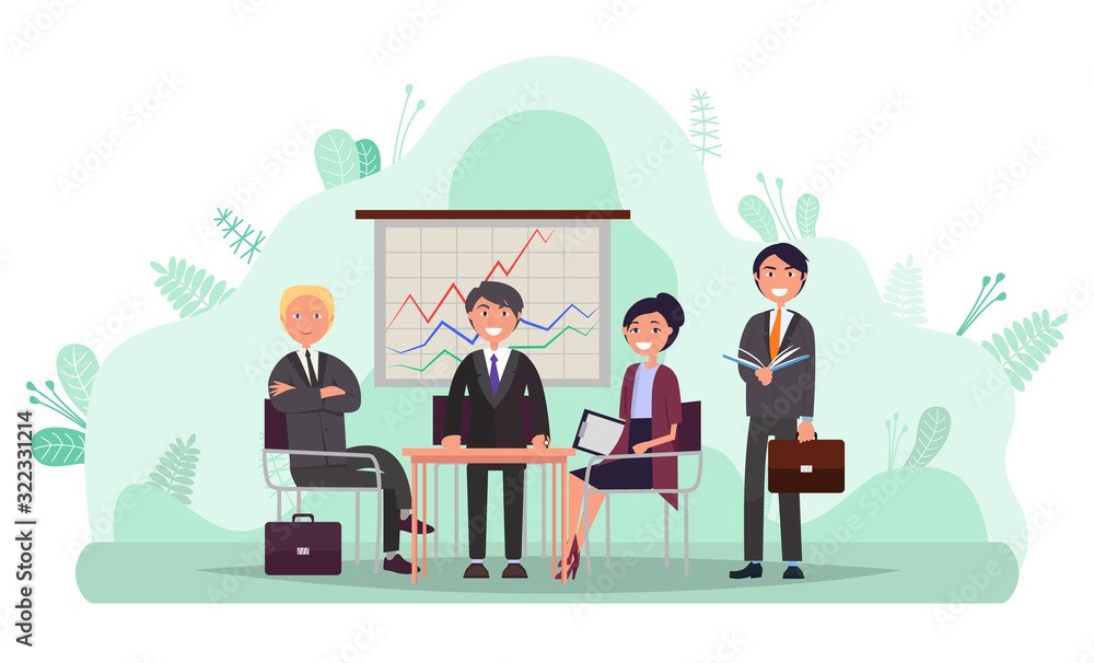 People in office giving presentation and discussing problems vector. Business conference of partners, whiteboard info with charts and statistics data People in office giving presentation and discussing problems vector. Business conference of partners, whiteboard info with charts and statistics data