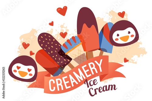 Ice cream shop banner, creamery promotion vector illustration. Cute penguin faces, flat style poster for gelateria, ice cream cafe assortment, wafer cone and popsicle gelato. Creamery advertisement