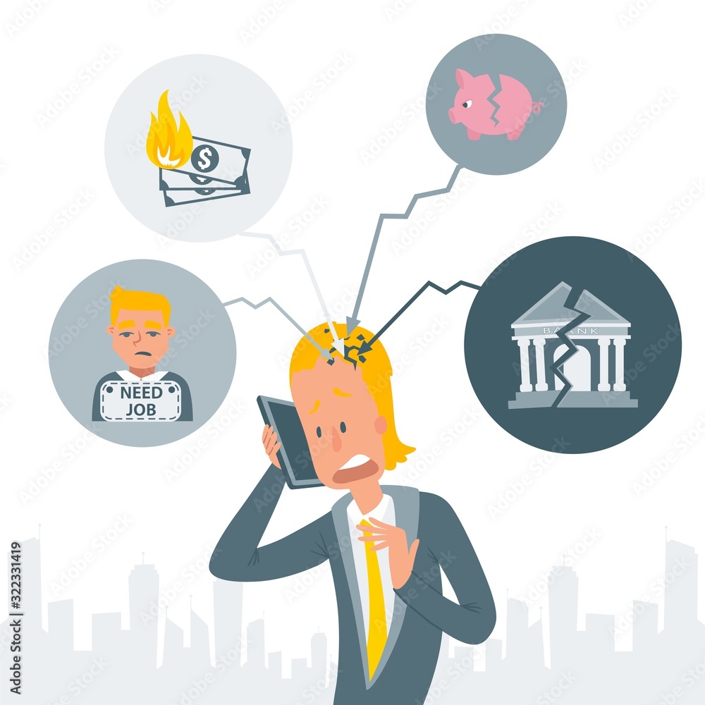 Businessman talks on phone about financial crisis vector illustration. Manager gets bad news from bank stressful phone conversation. Business failure company bankruptcy, businessman lost job in crisis Businessman talks on phone about financial crisis vector illustration. Manager gets bad news from bank stressful phone conversation. Business failure company bankruptcy, businessman lost job in crisis
