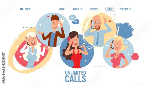 Mobile network operator website, unlimited calls tariff plan vector illustration. People talking on cellphones, cartoon characters. Mobile phone operator landing page, promotion campaign special offer