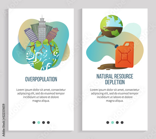 Natural resource depletion vector, overpopulation of cities and big towns, planet earth with gas canister, unwise usage of natural richness. Website or slider app, landing page flat style