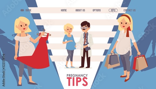 Pregnancy tips for women informational website vector illustration. Useful articles about healthcare, clothes and shopping, recommendations for pregnant women. Professional medical assistance center