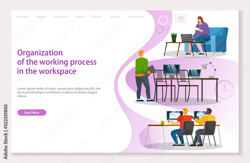 Organizing of working process and workplace of workers. People employees on pc laptops dealing with stats and tasks completion. Website or webpage template, landing page, vector in flat style Organizing of working process and workplace of workers. People employees on pc laptops dealing with stats and tasks completion. Website or webpage template, landing page, vector in flat style