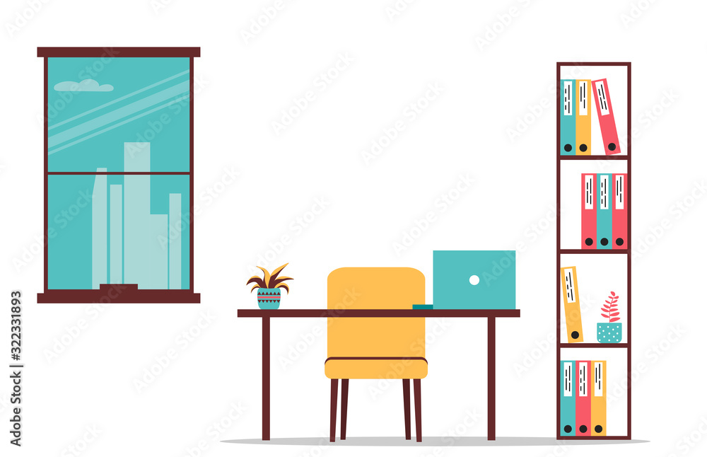Empty office and workplace. Flowers in pots and a rack with documents. Desk with a laptop. Study with a window. Flat vector illustration on isolated background.