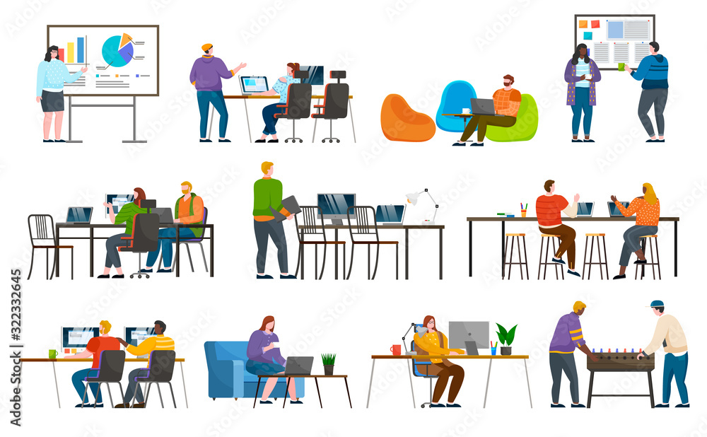 Collection of coworking people in office working on laptop. Set of characters with computers and whiteboards with charts and information in visual form. Employees and employers meeting vector