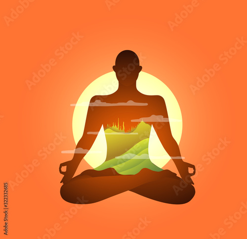 Person silhouette practising yoga lotus pose in the morning bright sun and mountain landscape.