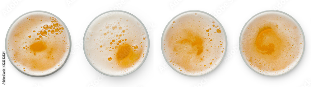 beer bubbles in glass cup on white background. top view collection isolated on white background. beer bubbles in glass cup on white background. top view collection isolated on white background.