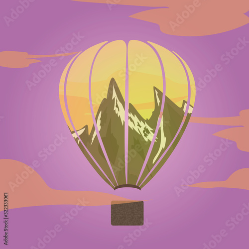Aerostat and nature double exposure - animal silhouette with mountain landscape and sun. Modern trendy illustration for logo. Vector.