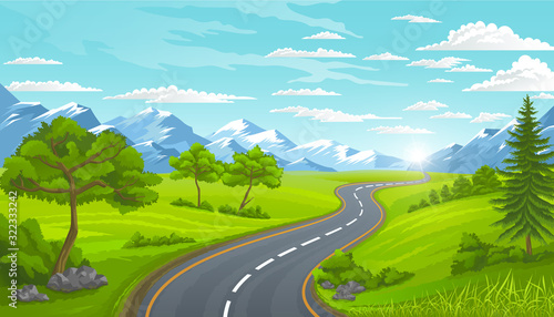 Curvy road with mountains. Rural landscape with trees and green lawns.Traveling and adventures on street in suburbs view, countryside natural scenery. Modern road look of highway leading straight