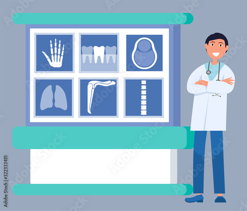 Smiling doctor in uniform standing near x-ray board with image of hand, tooth and chest, spine and lungs. Medical research and diagnostic, ct or mri vector