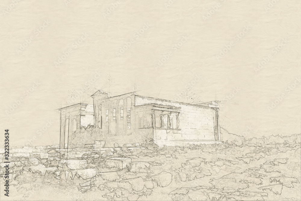 Sketch of  ruins of ancient temple on Acropolis hill