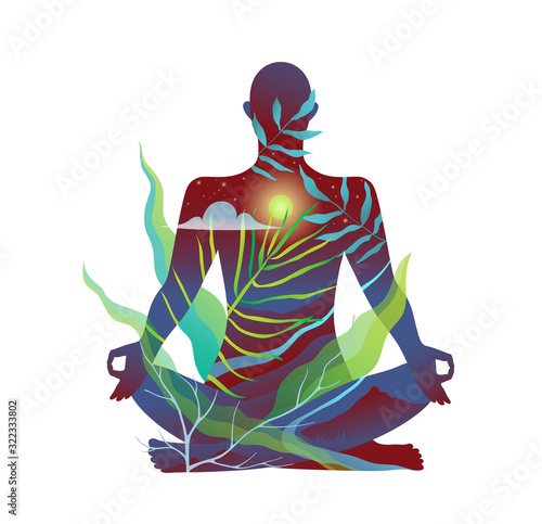 Yoga lotus pose human unisex figure meditating in nature with grass and floral decoration.