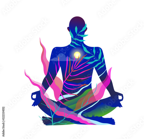 Human body figure yoga and meditation in nature design in acid bright colors.
