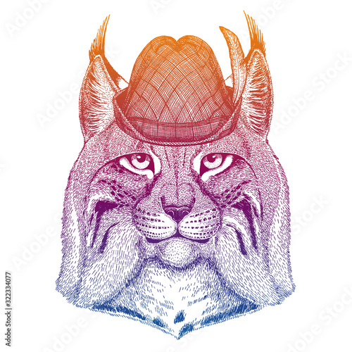 Vector lynx, bobcat, trot, wild cat. Bavarian traditional hat. Tirol austrian hat. Beer oktoberfest animal portrait.