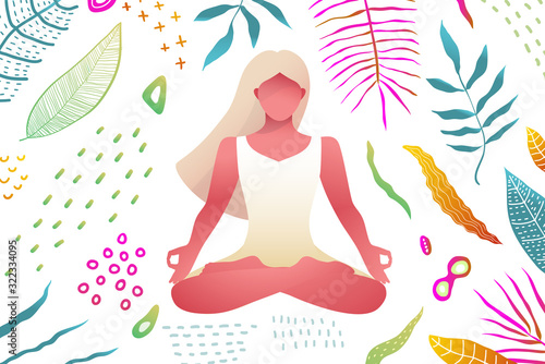 Woman Meditation yoga practice in Nature Colorful leaves and grass abstract shapes Background.