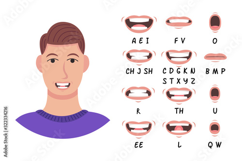Lip sync collection for animation. Cartoon character mouth and lips sync for sound pronunciation. Learning English alpabet vector illustration.