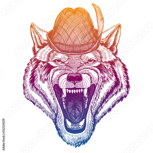 Vector wolf, dog. Bavarian traditional hat. Tirol austrian hat. Beer oktoberfest animal portrait.
