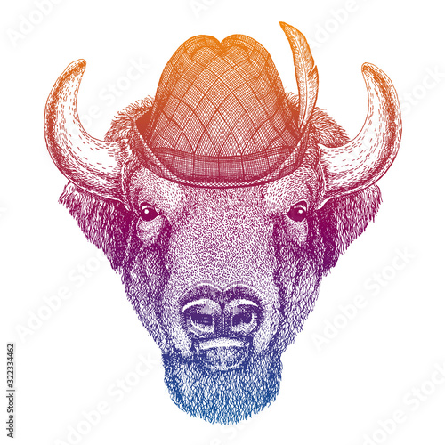 Vector bull, buffalo, cow, bison. Bavarian traditional hat. Tirol austrian hat. Beer oktoberfest animal portrait.