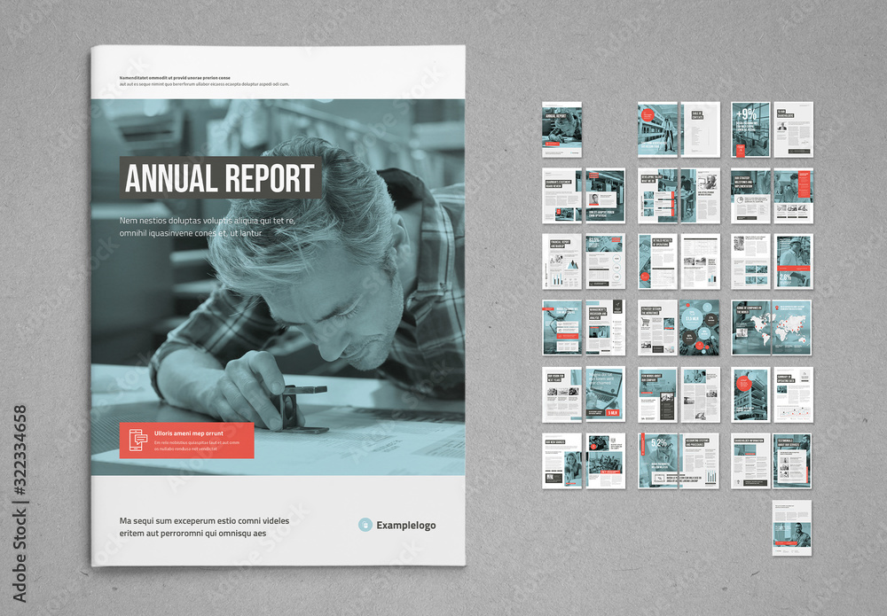 White and Pale Blue with Coral Accents Annual Report Layout Stock ...