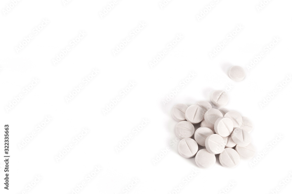 White medical pills and tablets with bottle White medical pills and tablets with bottle