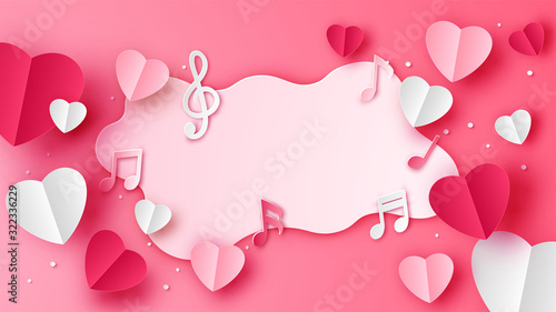 Background of paper hearts with music notes of love and text space for Valentine's day. Card for valentines day. paper cut and craft style. vector, illustration.