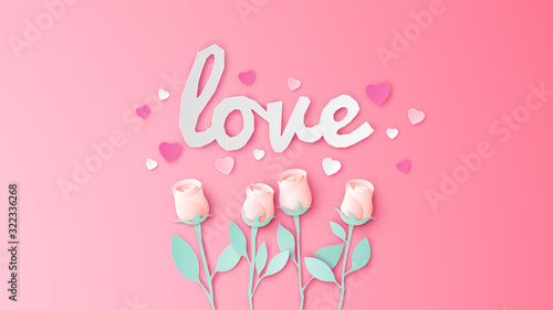 Pink rose on Valentine's day and LOVE paper cut calligraphy decorated with pink hearts. Love card. paper cut and craft style. vector, illustration.