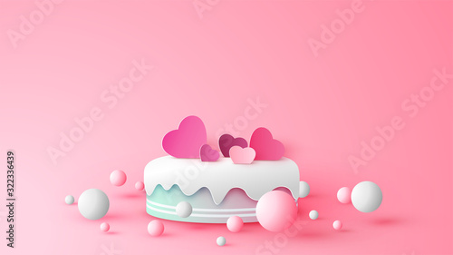 Valentine's day sweet cake with hearts topping and bouncing pink balls. Cake design for Valentine’s day. paper cut and craft style. vector, illustration.