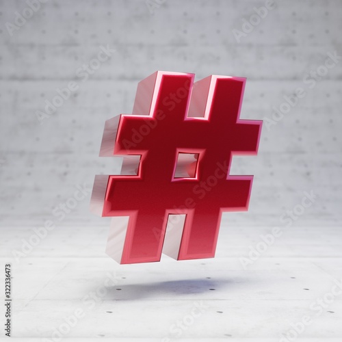 Red hashtag symbol. Metallic red color character isolated on concrete background.