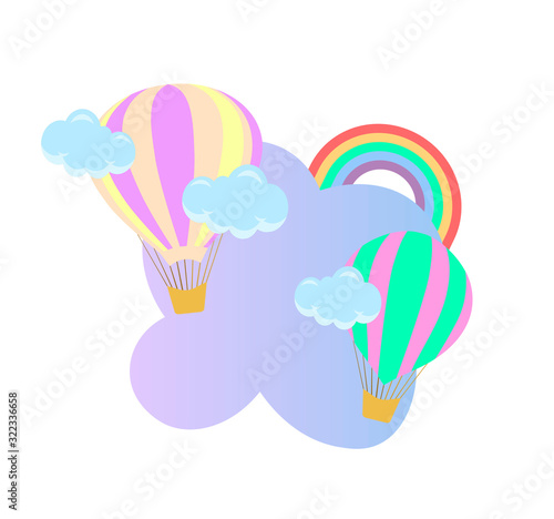 two beautiful balloons with clouds and rainbow on gradient background - children’s vector illustration, baby shower card 