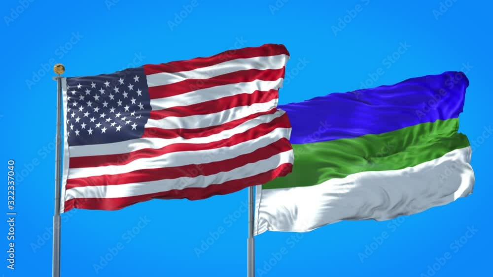 Komi Republic and United States flag waving in deep blue sky together. High Definition 3D Render. Komi Republic and United States flag waving in deep blue sky together. High Definition 3D Render.