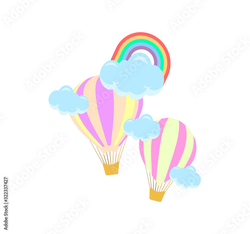 two beautiful balloons with clouds and a rainbow - children’s vector illustration, baby shower 