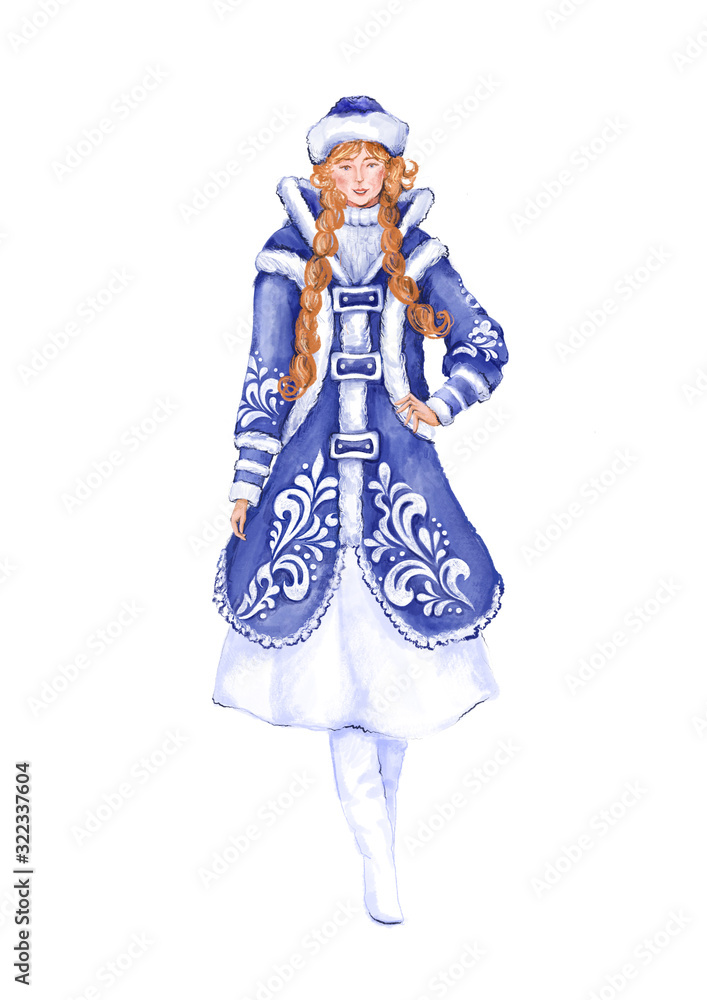New Year's illustration of a snow maiden in a blue coat