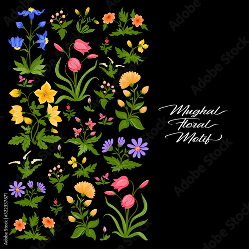Tradition mughal motif, fantasy flowers in retro, vintage style. Pattern, background. Vector illustration. Isolated on black