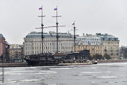 Flying Dutchman sailing ship. Winter Day at the waterfront in St. Petersburg, Russia photo