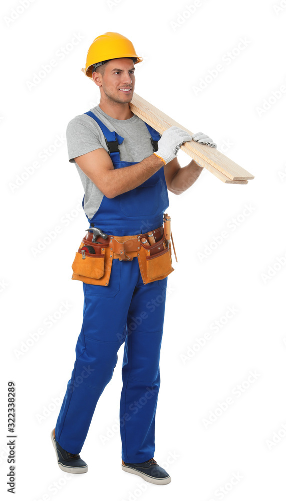 Handsome carpenter with wooden planks isolated on white Handsome carpenter with wooden planks isolated on white